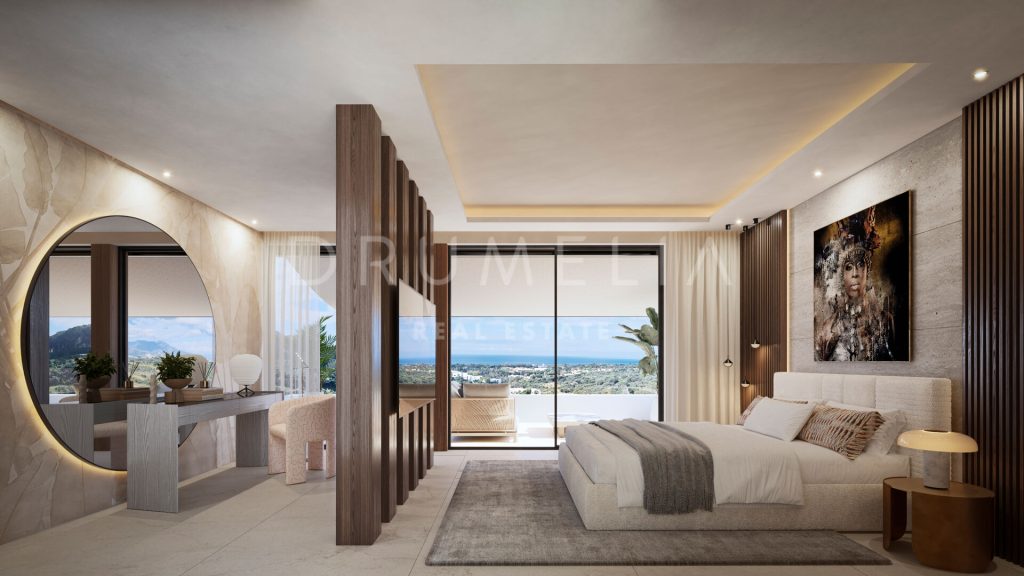 Master bedroom suite with sea view terrace in contemporary villa Cascada de Camoján
