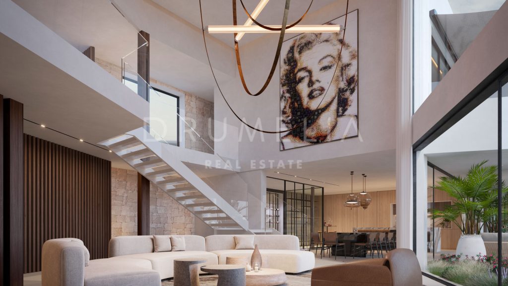 Double-height living room with floating staircase in contemporary Marbella villa