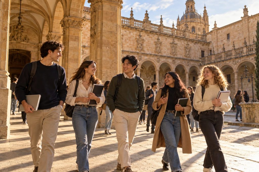 International students in the arcaded sandstone courtyard of a historic university in Salamanca, Spain